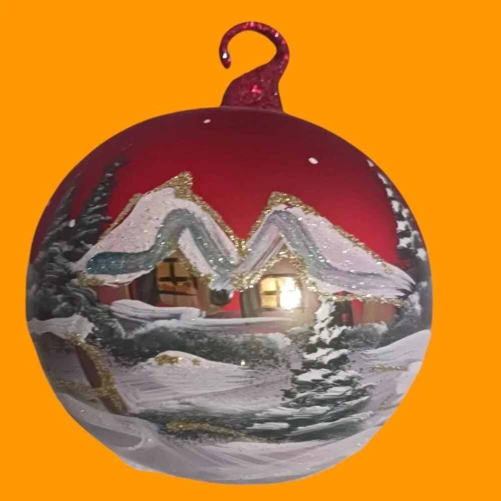 Hand-Painted Glass Christmas Ornament With Winter Village Scene & Glitter
